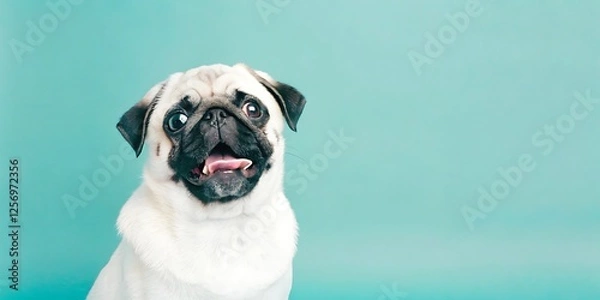 Fototapeta Happy Pug Dog with Playful Expression on Turquoise Background