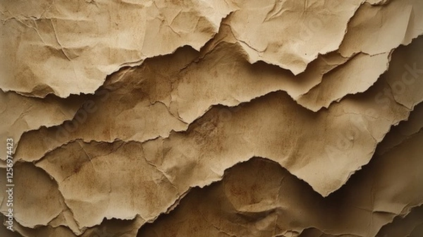 Fototapeta Crumpled brown paper texture with intricate folds and shadows, ideal for backgrounds or crafts