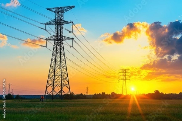 Obraz Power Lines Against a Vibrant Sunset Over Open Field Landscape