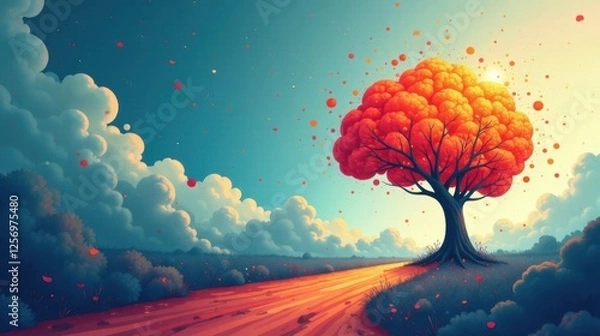 Fototapeta Autumnal Tree with Falling Leaves on a Path Towards the Setting Sun