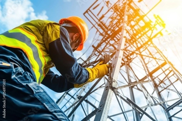 Fototapeta Worker in Safety Gear Performing Maintenance on High Voltage Power Line