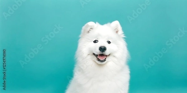 Obraz Fluffy White Samoyed Dog Smiling on Turquoise Background