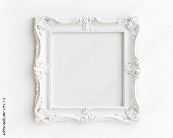 Fototapeta white ornate frame on white wall mockup for your design presentation