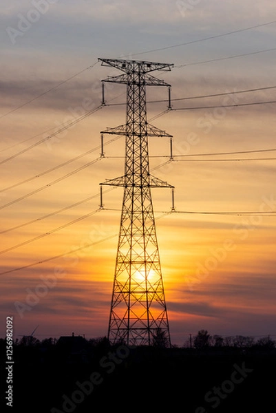Fototapeta 夕日と送電鉄塔