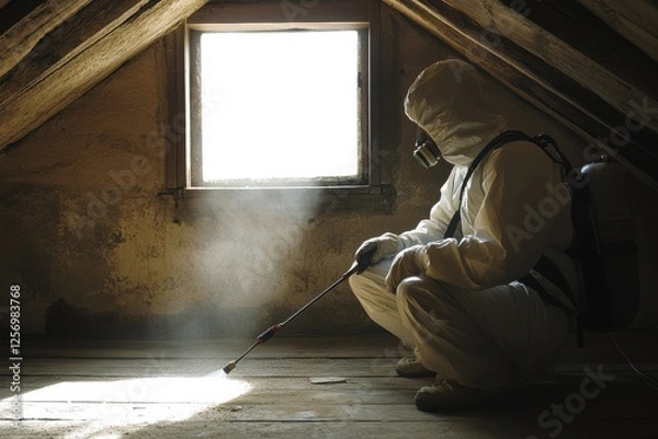Obraz Professional Pest Control in Attic with Protective Gear and Sprayer