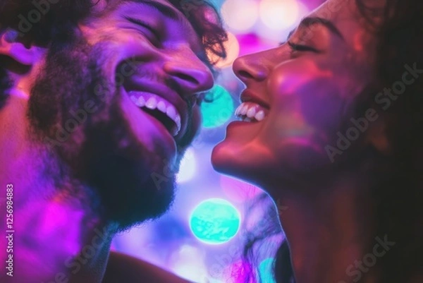 Fototapeta Joyful Laughter Under Neon Lights on the Dance Floor