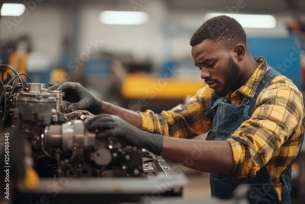 Fototapeta A young mechanic learns to repair an engine in a vocational school. Grease-stained hands, Generative AI