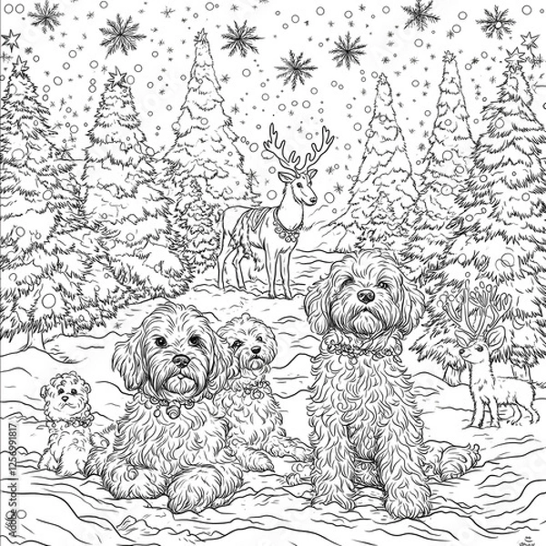 Fototapeta Create a scene with three mini goldendoodles playing outside in the snow with reindeer with decorated Christmas trees surrounding him coloring book style black