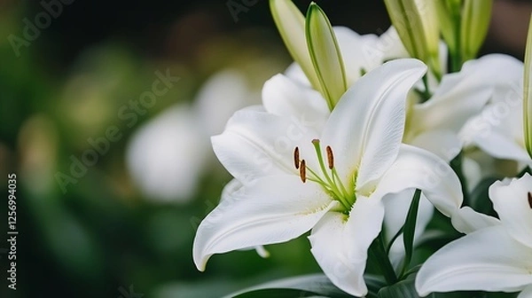 Fototapeta Close Up of Fresh White Lilies Blooming with Lush Green Background in Soft Natural Light : Generative AI