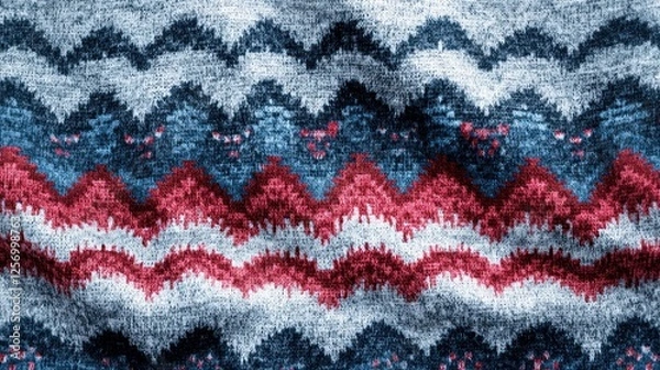 Fototapeta Detailed close-up of a textured knitted fabric with a wavy pattern in shades of blue, red, and white.