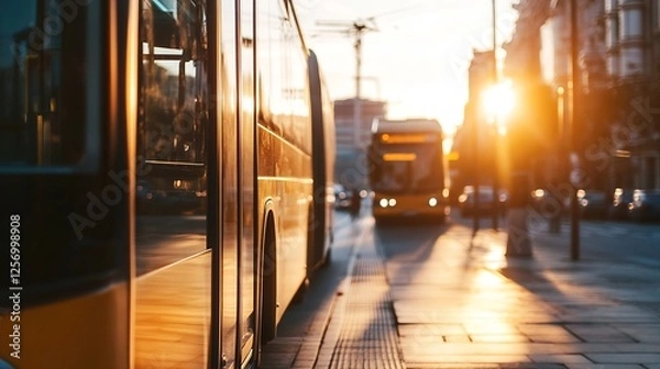 Fototapeta Urban scene capturing buses silhouetted against the backdrop of a stunning sunset in the city : Generative AI