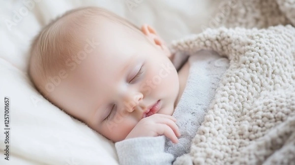 Fototapeta Sweet sleeping baby peacefully nestled in cozy blanket with soft textures creating a warm atmosphere : Generative AI