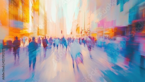 Fototapeta Abstract City Street Scene: Blurred Crowd Walking Buildings Daytime Vivid Colors Impressionistic Style