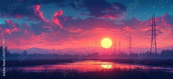 Fototapeta Futuristic Cyberpunk Landscape with Neon Green High Voltage Power Lines and Dynamic Geometric Shapes