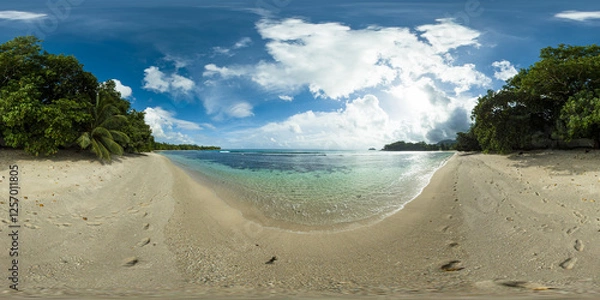 Fototapeta A serene tropical beach with soft sand, lush greenery, and a crystal clear ocean under a vibrant sky. Mahe, Seychelles. 360 panorama VR.