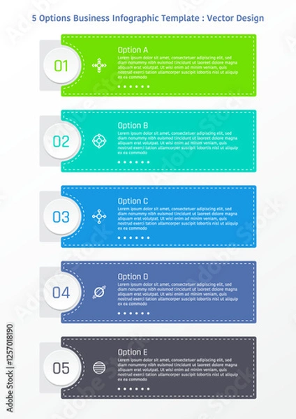 Obraz 5 options business infographic template, simple rectangular bar with number in circle frame, also with dash line and symbols