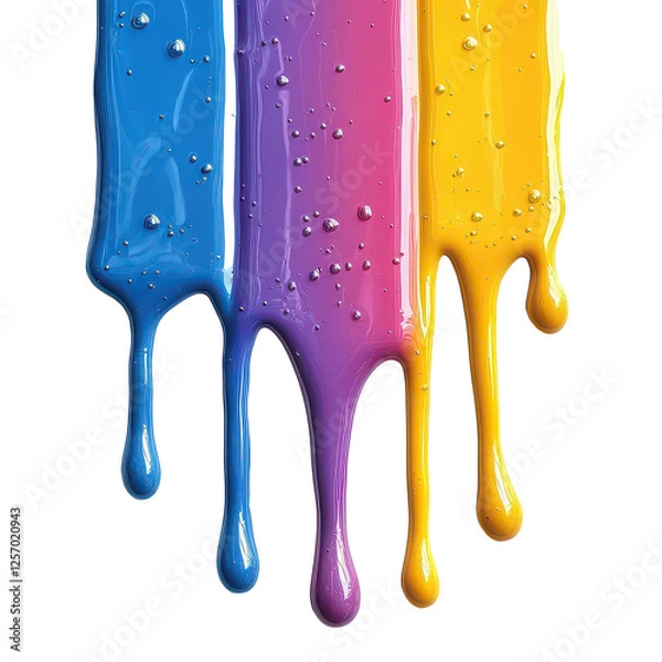 Fototapeta Colorful acrylic paint dripping with liquid drops isolated on transparent background
