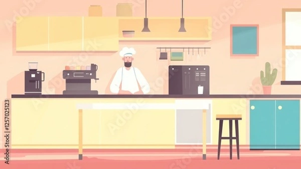 Fototapeta Chef standing behind kitchen counter, modern cafe, interior. Possible stock photo use