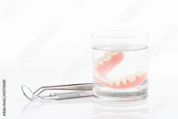 Obraz close up of dentures in glass of water and dental tool with noti