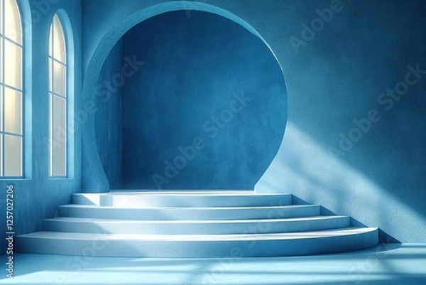 Obraz Minimalist 3D Product Display Scene with White Cylinder Platform on Blue Background