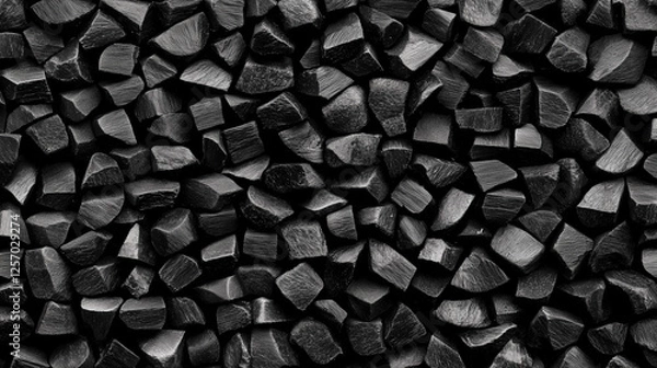 Fototapeta High-quality texture background of pitch-black coal or carbon pieces with rough, uneven surfaces, showcasing the raw, natural details of fossil fuel materials for industrial, energy, or environmental 
