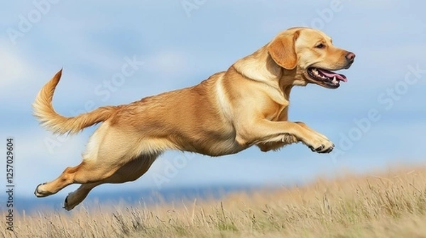 Fototapeta A playful golden retriever leaps joyfully across a grassy field under a blue sky