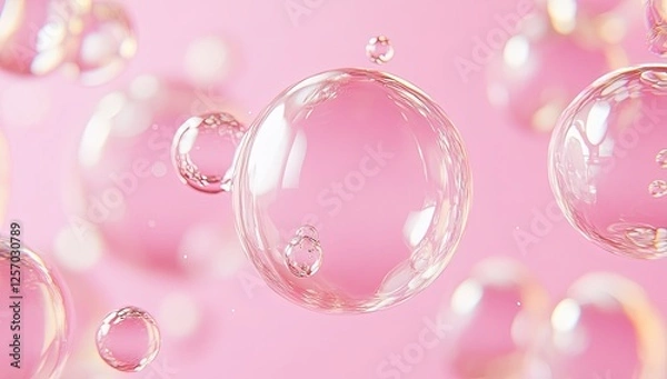 Fototapeta Delicate Pink Bubbles A Whimsical Display of Transparent, Sparkling Spheres Against a Soft Pink Background