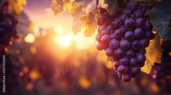 Fototapeta Sunset over vineyard with ripe grapes hanging from lush green vines, creating a serene atmosphere