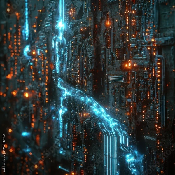 Obraz Cybernetic circuits interwoven with luminous blue trails, defining digital system complexity.