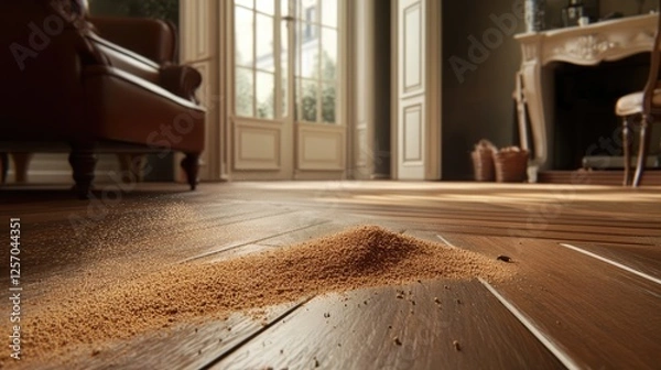 Fototapeta A parquet floor with wood powder scattered around, indicating termite activity.