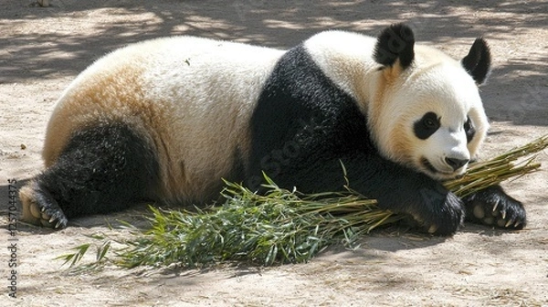 Fototapeta A giant panda lounging on the ground, munching on bamboo, with a serene natural habitat in the background