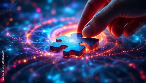 Fototapeta Hand Placing Puzzle Piece on Abstract Glowing Network Solution Concept