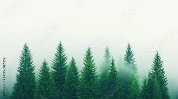 Fototapeta Lush green coniferous forest shrouded in mist, creating a serene and tranquil atmosphere (1)