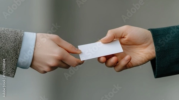 Fototapeta Two individuals exchanging a blank business card for networking opportunities in a professional setting.