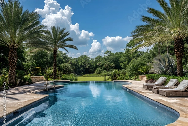 Fototapeta A sweeping view of the infinity pool at a luxury Florida hotel, with palm trees lining the edge and lounge chairs scattered around, all set against a beautiful tropical backdrop.