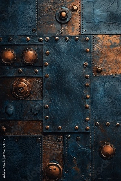 Fototapeta Steampunk leather and metal texture, design elements for fashion or product packaging, leather with stitching on top, dark blue tones with brown highlights, with different textures and patterns