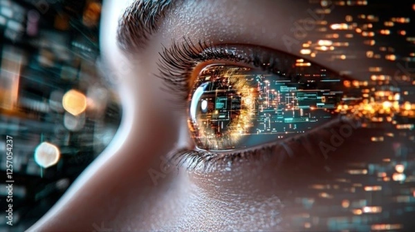 Fototapeta close up of human eye reflects digital data and technology, symbolizing integration of human vision with digital information. image conveys futuristic and technological theme