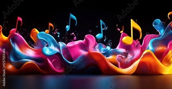 Fototapeta Vibrant musical notes emerging from colorful waves, creating a lively atmosphere in a dark setting
