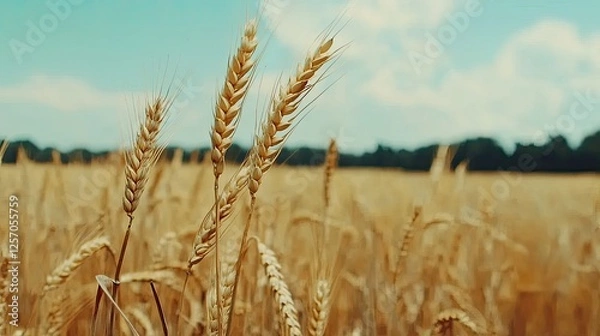 Fototapeta Golden wheat field swaying gently under a bright blue sky with fluffy clouds in the background