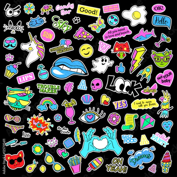 Obraz Fashion quirky cartoon doodle patch badges with cute elements. Isolated vector. Set of stickers,pins,patches in cartoon comic style of 80s 90s. Hearts,speech bubbles,love, lips, hearts, eyes, stars.