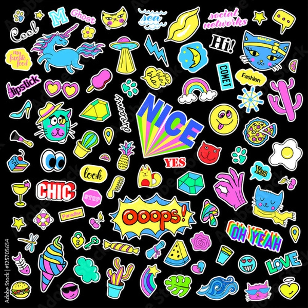 Fototapeta Fashion quirky cartoon doodle patch badges with cute elements. Isolated vector. Set of stickers,pins,patches in cartoon comic style of 80s 90s. Hearts,speech bubbles,love, lips, hearts, eyes, stars.