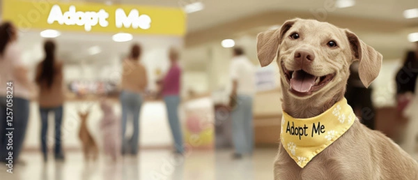 Fototapeta A friendly dog wearing an "Adopt Me" bandana smiles at the camera in a welcoming adoption center environment.