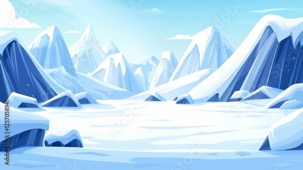 Fototapeta Serene Winter Landscape with Majestic Snow-Capped Mountains and a Frozen Lake Under Clear Blue Sky