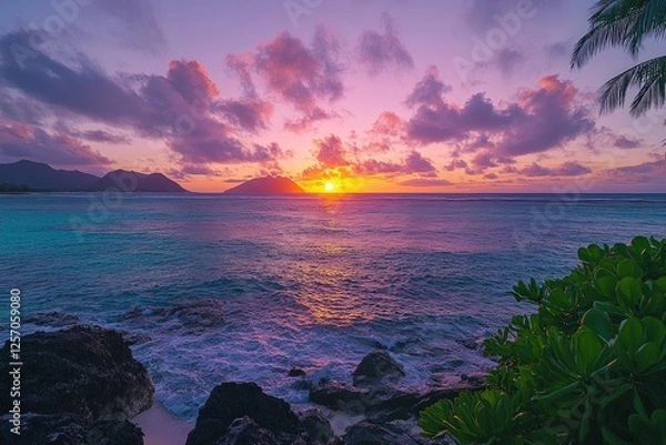 Fototapeta Vibrant sunset over the ocean with rocky shore, palm trees, and distant mountains in the background