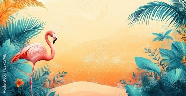 Fototapeta Vibrant tropical scene featuring a pink flamingo surrounded by lush greenery and a sunset backdrop