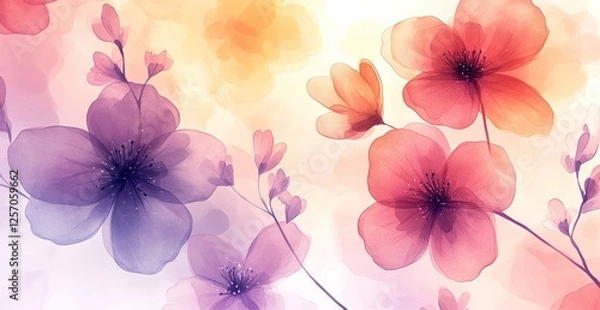 Fototapeta Vibrant watercolor floral composition featuring pink and purple blossoms against a soft background