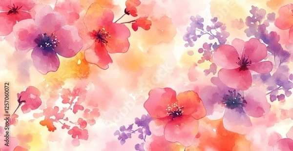 Fototapeta Vibrant watercolor floral pattern with pink and purple flowers on a soft pastel background