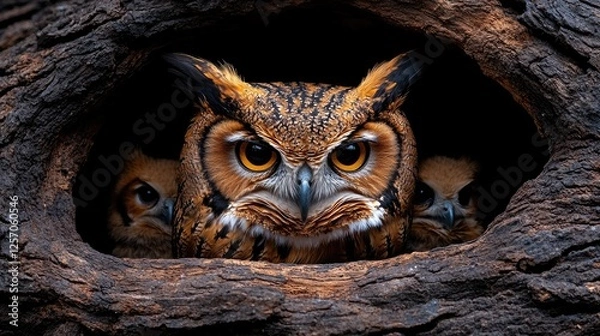 Fototapeta Majestic owl guarding its chicks in a tree hollow, surrounded by a serene forest backdrop