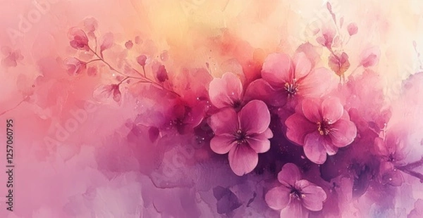 Obraz Vibrant watercolor painting of pink flowers against a soft pastel background, evoking tranquility