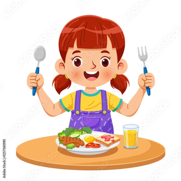 Obraz Cute little girl is enjoying her breakfast with fork and spoon